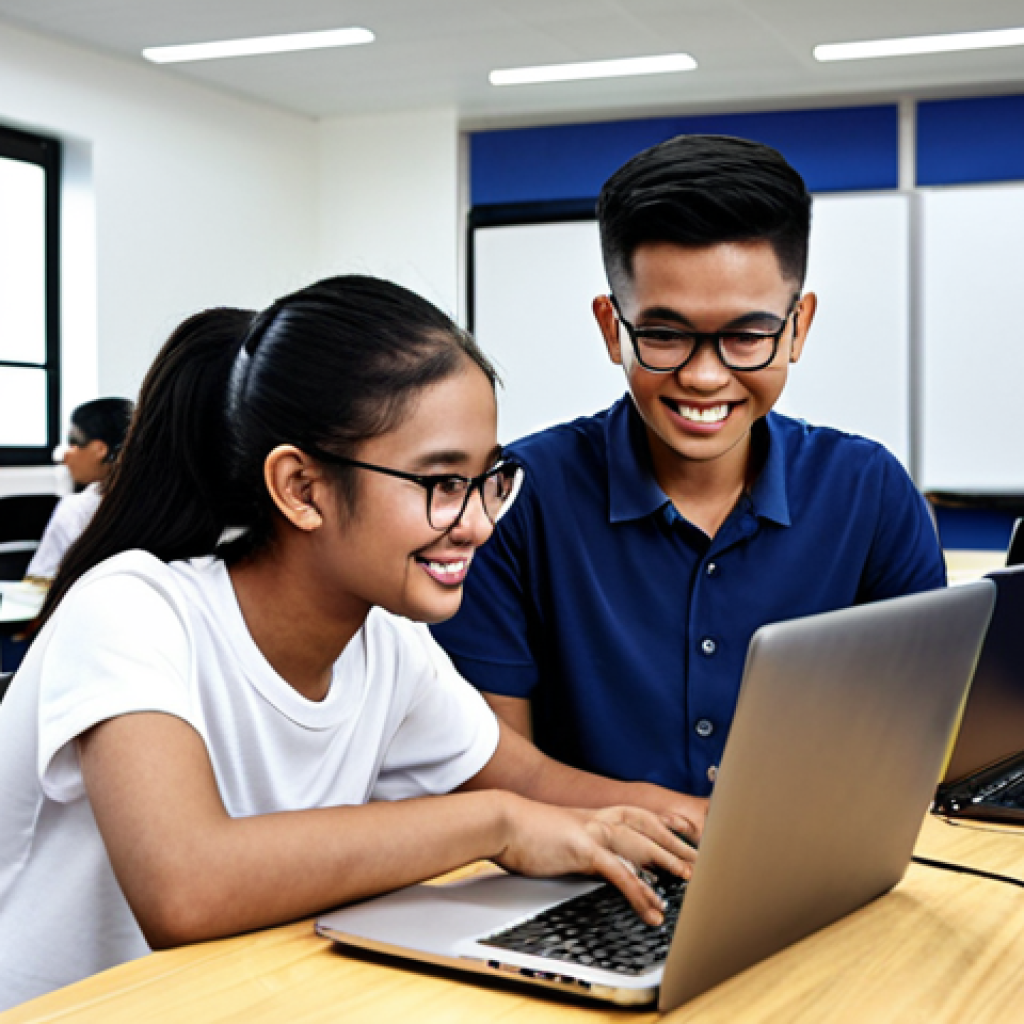 **A diverse group of Malaysian students collaboratively working on a coding project in a modern classroom, surrounded by laptops and smiling.** (Focus: IT education empowerment, teamwork, modern learning environment)