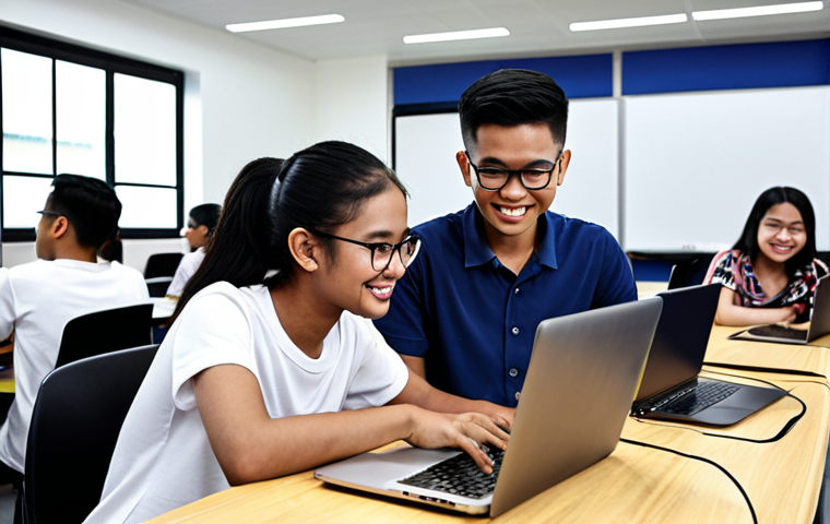 **A diverse group of Malaysian students collaboratively working on a coding project in a modern classroom, surrounded by laptops and smiling.** (Focus: IT education empowerment, teamwork, modern learning environment)