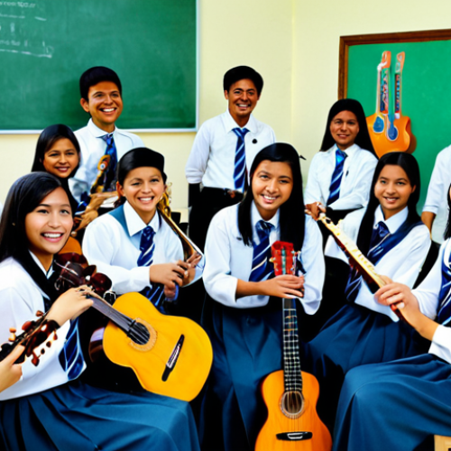 **

"A high school music class in Malaysia. Students are fully clothed in modest school uniforms, playing various musical instruments like guitars, ukuleles, and percussion instruments. The teacher, Cikgu Azman, is smiling and encouraging. The classroom is bright and cheerful, with posters of famous Malaysian musicians on the walls. Safe for work, appropriate content, fully clothed, family-friendly, perfect anatomy, natural proportions, professional photography, high quality."

**