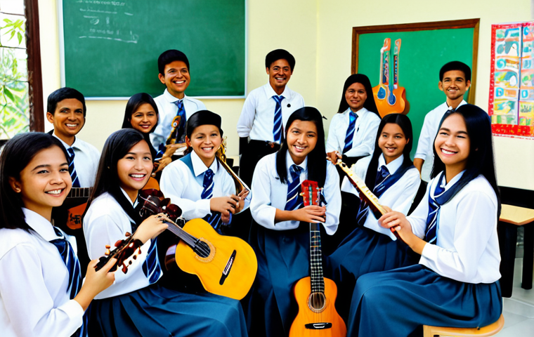 **

"A high school music class in Malaysia. Students are fully clothed in modest school uniforms, playing various musical instruments like guitars, ukuleles, and percussion instruments. The teacher, Cikgu Azman, is smiling and encouraging. The classroom is bright and cheerful, with posters of famous Malaysian musicians on the walls. Safe for work, appropriate content, fully clothed, family-friendly, perfect anatomy, natural proportions, professional photography, high quality."

**