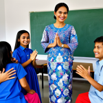**

A professional Malaysian teacher, fully clothed in a *baju kurung* (traditional Malay dress), standing in a bright and colourful classroom decorated with Malaysian artwork. She is smiling warmly at a group of diverse students engaged in a hands-on project with recyclable materials. The scene is safe for work, family-friendly, with appropriate content. Perfect anatomy, correct proportions, natural pose, well-formed hands, proper finger count, natural body proportions. High quality, professional photography.

**