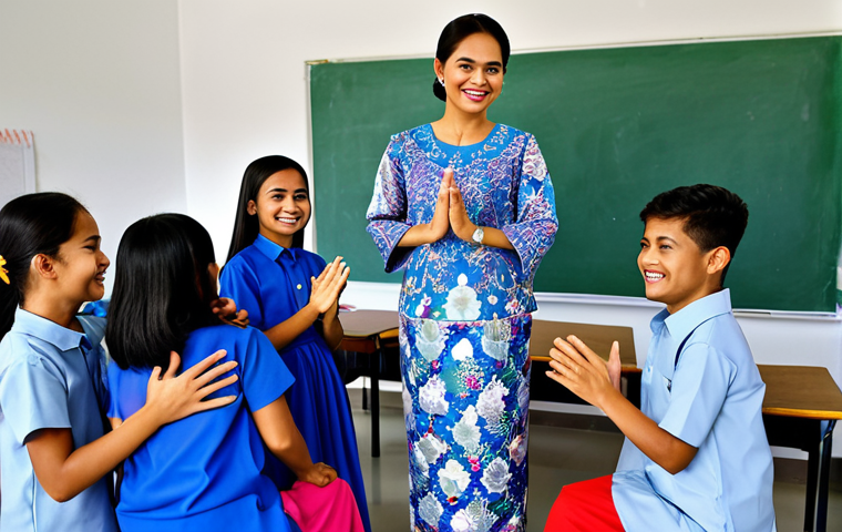 **

A professional Malaysian teacher, fully clothed in a *baju kurung* (traditional Malay dress), standing in a bright and colourful classroom decorated with Malaysian artwork. She is smiling warmly at a group of diverse students engaged in a hands-on project with recyclable materials. The scene is safe for work, family-friendly, with appropriate content. Perfect anatomy, correct proportions, natural pose, well-formed hands, proper finger count, natural body proportions. High quality, professional photography.

**